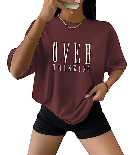 Tomwell Damen T-Shirt Kurzarm Sport Sommer Oberteile Oversized T-Shirt mit Buchstaben Druck Sweatshirt Lose Rundhals Bluse Teenager Mädchen Top Tunika Lang A Weinrot XS von Tomwell