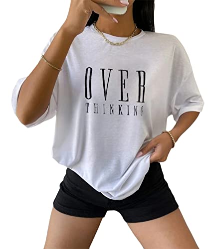 Tomwell Damen T-Shirt Kurzarm Sport Sommer Oberteile Oversized T-Shirt mit Buchstaben Druck Sweatshirt Lose Rundhals Bluse Teenager Mädchen Top Tunika Lang A Weiß L von Tomwell