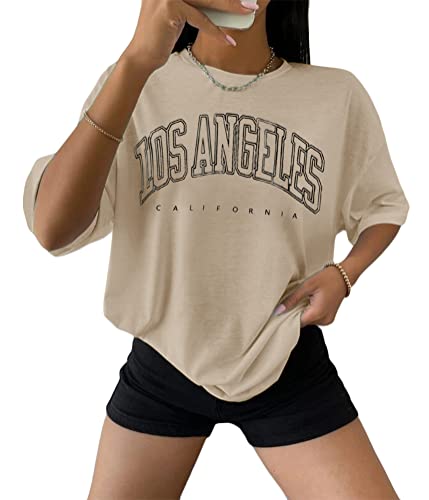Tomwell Damen Tshirt Kurzarm Sommer Oberteile Oversized T-Shirt mit Buchstaben Druck Lose Rundhals Sport Shirt Teenager Mädchen Top Tunika Lang C Aprikose M von Tomwell
