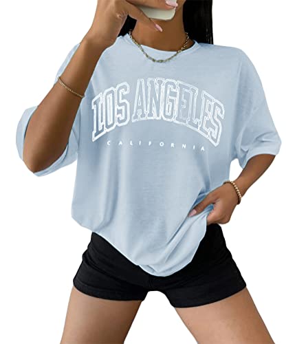 Tomwell Damen Tshirt Kurzarm Sommer Oberteile Oversized T-Shirt mit Buchstaben Druck Lose Rundhals Sport Shirt Teenager Mädchen Top Tunika Lang C Blau L von Tomwell