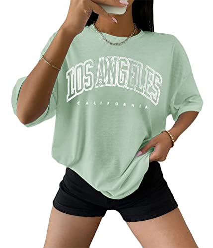 Tomwell Damen T-Shirt Kurzarm Sport Sommer Oberteile Oversized T-Shirt mit Buchstaben Druck Sweatshirt Lose Rundhals Bluse Teenager Mädchen Top Tunika Lang C Grün S von Tomwell