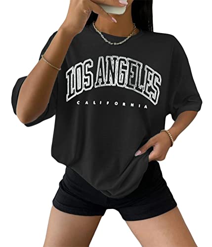 Tomwell Damen Tshirt Kurzarm Sommer Oberteile Oversized T-Shirt mit Buchstaben Druck Lose Rundhals Sport Shirt Teenager Mädchen Top Tunika Lang C Schwarz XXL von Tomwell