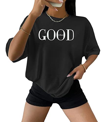 Tomwell Damen Tshirt Kurzarm Sommer Oberteile Oversized T-Shirt mit Buchstaben Druck Lose Rundhals Sport Shirt Teenager Mädchen Top Tunika Lang G Schwarz M von Tomwell