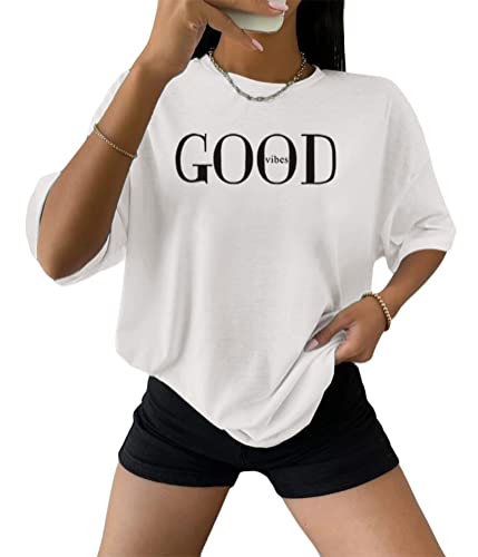 Tomwell Damen T-Shirt Kurzarm Sport Sommer Oberteile Oversized T-Shirt mit Buchstaben Druck Sweatshirt Lose Rundhals Bluse Teenager Mädchen Top Tunika Lang G Weiß M von Tomwell