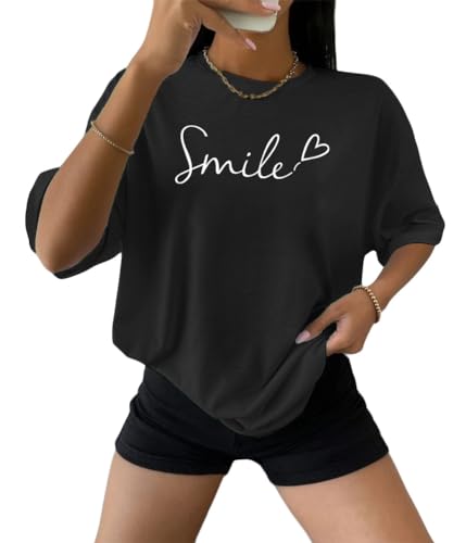 Tomwell Damen Tshirt Kurzarm Sommer Oberteile Oversized T-Shirt mit Buchstaben Druck Lose Rundhals Sport Shirt Teenager Mädchen Top Tunika Lang J Schwarz L von Tomwell