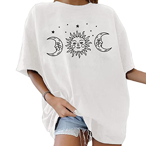 Tomwell Damen T-Shirt Sommer Kurzarm Grafikdruck Shirt Tunika Lose Rundhals Longshirt Frauen Bluse Oberteile Lang Tops für Teen Girls Sommer Z Weiß M von Tomwell