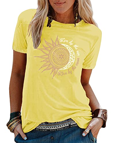 Tomwell Damen T-Shirt Sommer Kurzarm Oberteile Blumen Motiv Tunika Shirt Pusteblume Drucken Lose Rundhals Tshirt Bluse Top X Gelb XS von Tomwell