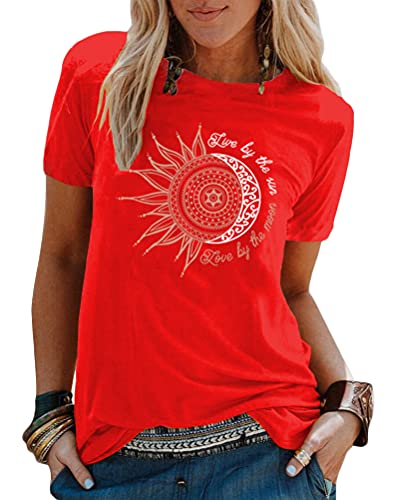 Tomwell Damen T-Shirt Sommer Kurzarm Oberteile Blumen Motiv Tunika Shirt Pusteblume Drucken Lose Rundhals Tshirt Bluse Top X Rot S von Tomwell