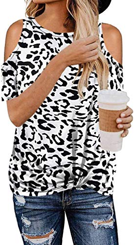 Tomwell Damen T-Shirts Sommer Bluse Farbblock Pullover Kalte Schulter Shirts Leoparden Oberteile LöWenzahn Tunika Kurzarm Tshirt Rundhals Tops E1 Schwarz Weiß XXL von Tomwell