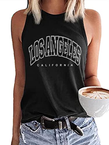 Tomwell Damen Tank Top Ärmellose Sommer Los Angeles Brief T Shirt Tops Rundhals Sport Oberteile Basic Sweatshirt Tops Lose Drucken Bluse Tunika Lang für Teen Girls A Schwarz L von Tomwell