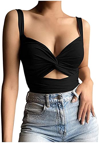 Tomwell Damen Tank Top Ausschnitt Neckholder Criss Cross Cut Out Weste Crop Top Bandage Backless Cami Weste Camisole Y2K Streetwear A Schwarz S von Tomwell