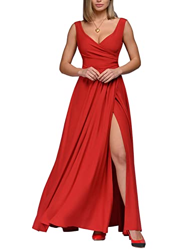 Tomwell Damen Tiefer V-Ausschnitt Schlitz Maxikleid Plissiert Hohe Taille Elegant Ballkleid Club Party Abendkleid Frauen Festliches Einfarbige Kleid B Rot XXL von Tomwell