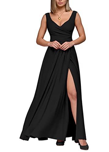 Tomwell Damen Tiefer V-Ausschnitt Schlitz Maxikleid Plissiert Hohe Taille Elegant Ballkleid Club Party Abendkleid Frauen Festliches Einfarbige Kleid B Schwarz XXL von Tomwell