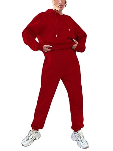 Tomwell Damen Tracksuit Langarm Einfarbig Zweiteiler Outfit Hoodie Jogger Trainingsanzug Set Buchstaben Druck Sweatshirt & Jogginghose Frauen Lose Sportanzug mit Kapuze B Rot L von Tomwell