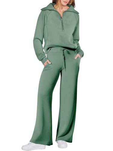 Tomwell Damen Tracksuit Langarm Einfarbig Zweiteiler Outfit Jogger Trainingsanzug Set Oversized Half Zip Sweatshirt & Sweatpant mit weitem Bein Frau Freizeitanzug Sportswear A Hellgrün L von Tomwell