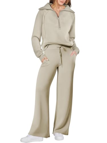 Tomwell Damen Tracksuit Langarm Einfarbig Zweiteiler Outfit Jogger Trainingsanzug Set Oversized Half Zip Sweatshirt & Sweatpant mit weitem Bein Frau Freizeitanzug Sportswear A Khaki L von Tomwell