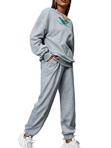 Tomwell Damen Tracksuit Langarm Rundhalsausschnitt Bedruckter Pullover Zweiteiler Outfit Hoodie Jogger Trainingsanzug Set Sweatshirt & Jogginghose B1 Grau M von Tomwell