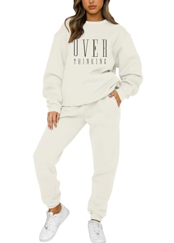 Tomwell Damen Tracksuit Langarm Rundhalsausschnitt Bedruckter Zweiteiler Outfit Jogginganzug Winter Warm Hausanzug Sweatshirt & Jogginghose Trainingsanzug mit Taschen A Aprikose M von Tomwell