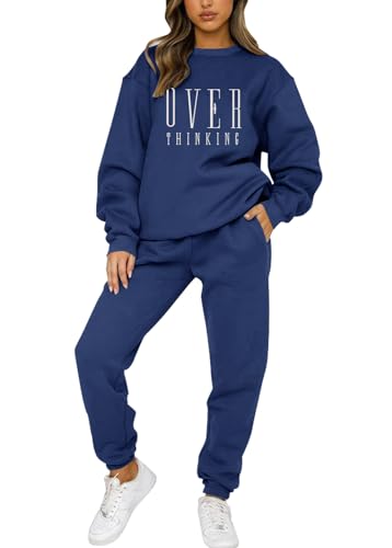 Tomwell Damen Tracksuit Langarm Rundhalsausschnitt Bedruckter Zweiteiler Outfit Jogginganzug Winter Warm Hausanzug Sweatshirt & Jogginghose Trainingsanzug mit Taschen A Blau M von Tomwell