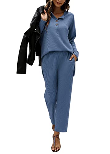 Tomwell Damen Traingsanzug Set Langarm Sportbekleidung Pullover + Sporthose 2-Teiliges Jogginganzug Lässiges Einfarbig Loose Pyjama Set A Blau XXL von Tomwell