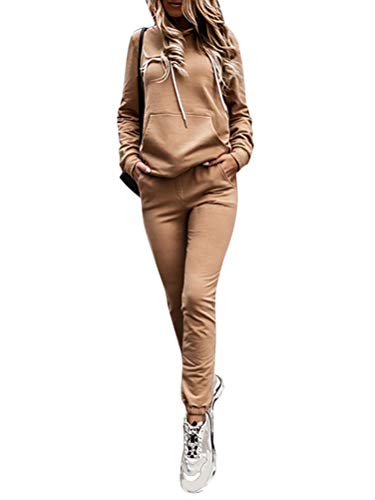 Tomwell Damen Traingsanzug Sportanzug Jogginganzug Frauen 2 Teilig Mode Freizeitanzug Kapuzenpullover Lange Ärmel Top + Lange Hose Sportswear 2 Stück Bekleidungsset Sport Outfit Khaki XS von Tomwell