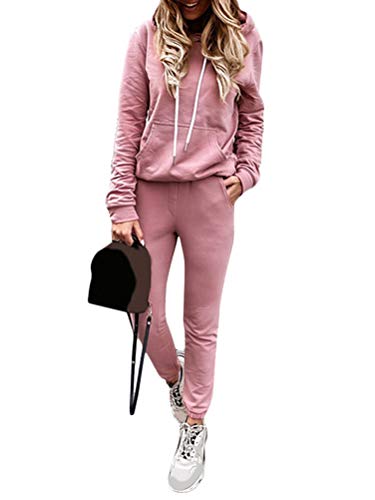 Tomwell Damen Traingsanzug Sportanzug Jogginganzug Frauen 2 Teilig Mode Freizeitanzug Kapuzenpullover Lange Ärmel Top + Lange Hose Sportswear 2 Stück Bekleidungsset Sport Outfit Rosa M von Tomwell