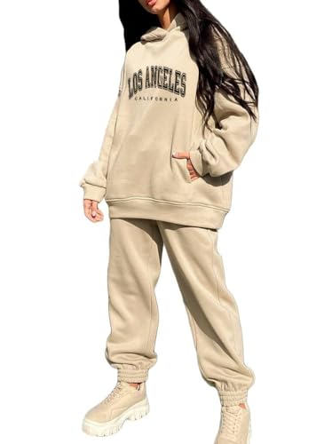 Tomwell Damen Trainingsanzug Hausanzug Kapuzenpullover und Hose Jogginganzug Jumpsuit Tracksuit Große Größen Sportbekleidung Kordelzug Taschen A Khaki XXL von Tomwell