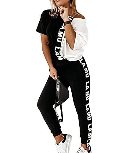 Tomwell Damen Trainingsanzug Mode 2 Stück Set Frauen Sportanzug Farbnähte Sweatshirt + Lange Hose Jogginganzug Sportswear Sport Yoga Outfit (M, Z1 Schwarz Weiß Rundhals, m) von Tomwell