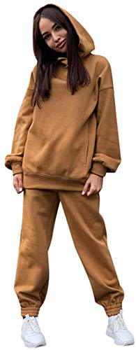 Tomwell Damen Trainingsanzug Sportanzug Mode 2 Stück Set aus Rollkragen Sweatshirt mit Jogginghose Bequem Jogginganzug Freizeitanzug Kapuzenpullover Bekleidungsset A Braun M von Tomwell