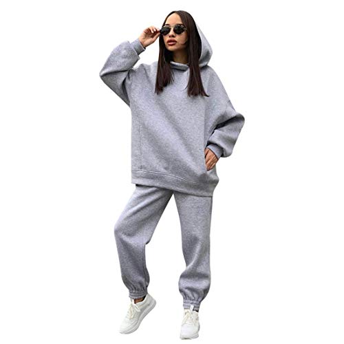 Tomwell Damen Trainingsanzug Sportanzug Mode 2 Stück Set aus Rollkragen Sweatshirt mit Jogginghose Bequem Jogginganzug Freizeitanzug Kapuzenpullover Bekleidungsset A Grau XL von Tomwell