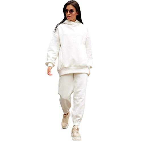 Tomwell Damen Trainingsanzug Sportanzug Mode 2 Stück Set aus Rollkragen Sweatshirt mit Jogginghose Bequem Jogginganzug Freizeitanzug Kapuzenpullover Bekleidungsset A Weiß M von Tomwell