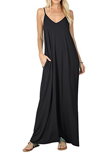 Tomwell Damen V-Ausschnitt Ärmellos Sommerkleid Verstellbarer Schulterriemen Strandkleid MaxiKleid mit Taschen Lange Kleider Cocktailkleid C Schwarz 46 von Tomwell