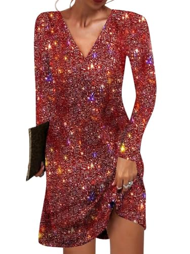 Tomwell Damen V-Ausschnitt Pailletten Kleid Langarm Freizeitkleid Glitzer Kleid Festlich Elegant Partykleider A Rot XL von Tomwell