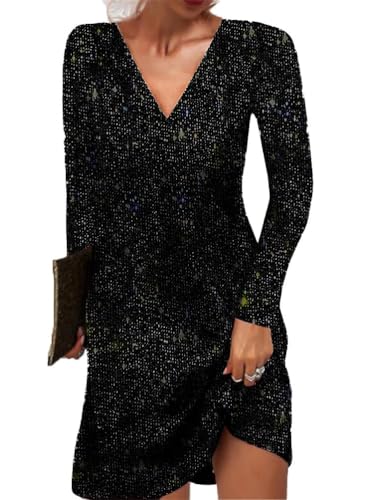 Tomwell Damen V-Ausschnitt Pailletten Kleid Langarm Freizeitkleid Glitzer Kleid Festlich Elegant Partykleider A Schwarz S von Tomwell