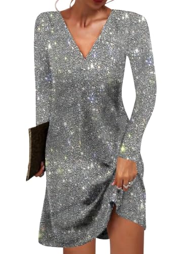Tomwell Damen V-Ausschnitt Pailletten Kleid Langarm Freizeitkleid Glitzer Kleid Festlich Elegant Partykleider A Silber XXL von Tomwell