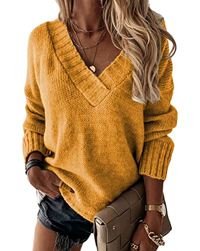 Tomwell Damen V-Ausschnitt Pullover Einfarbig Strickpullover Casual Lose Sweatshirts Langarm Warm Sweater Strickwaren Oberteil A Gelb L von Tomwell