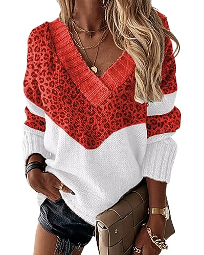 Tomwell Damen V-Ausschnitt Pullover Einfarbig Strickpullover Casual Lose Sweatshirts Langarm Warm Sweater Strickwaren Oberteil D Rot M von Tomwell