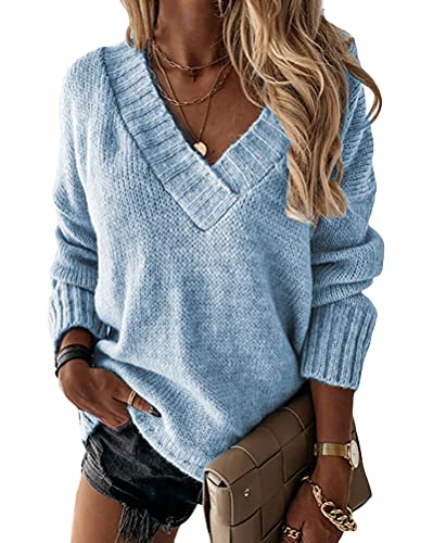 Tomwell Damen V-Ausschnitt Pullover Elegant Gestreift Strickpullover Oversize Casual Loose Langarm Oberteile Sweater Shirts Knit Tops A Blau M von Tomwell