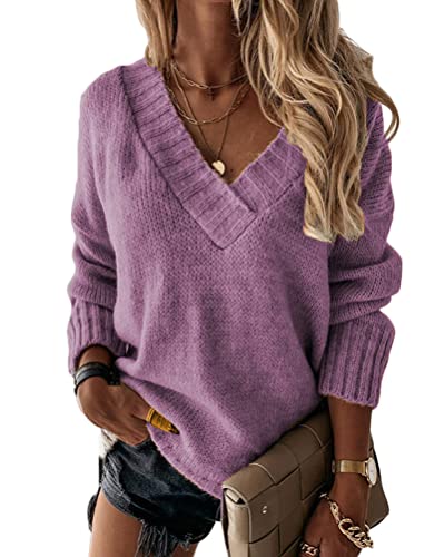 Tomwell Damen V-Ausschnitt Pullover Elegant Gestreift Strickpullover Oversize Casual Loose Langarm Oberteile Sweater Shirts Knit Tops A Violett 3XL von Tomwell