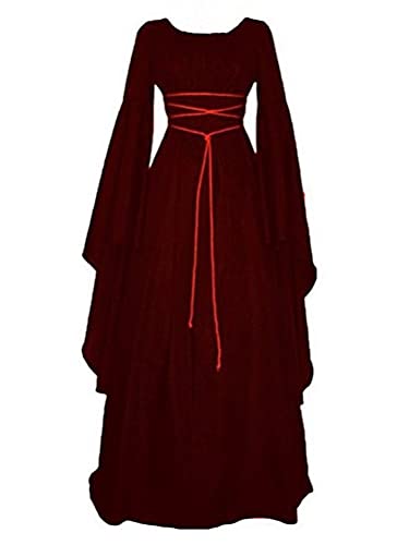 Tomwell Damen Vintage Mittelalter Elegante Lang Kleider Schnürkleid Retro Renaissance Cosplay Dress Party Festlich A-Linie Bodenlang Maxikleid Halloween Kostüm Viktorianische B Rot L von Tomwell