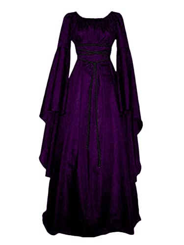 Tomwell Damen Vintage Mittelalter Elegante Lang Kleider Schnürkleid Retro Renaissance Cosplay Dress Party Festlich A-Linie Bodenlang Maxikleid Halloween Kostüm Viktorianische B Violett L von Tomwell