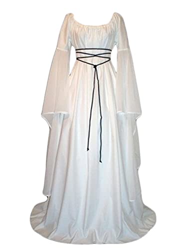 Tomwell Damen Vintage Mittelalter Elegante Lang Kleider Schnürkleid Retro Renaissance Cosplay Dress Party Festlich A-Linie Bodenlang Maxikleid Halloween Kostüm Viktorianische B Weiß XXL von Tomwell