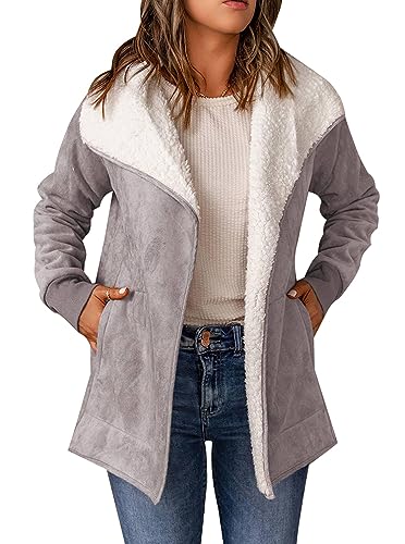 Tomwell Damen Warme Lange Mantel Jacke Wildlederjacke Plüsch Langarm Wintermantel Oversize Einfarbig Cardigan mit Taschen Winterjacke Faux Pelz Fleece Herbst-Winter A Violett XL von Tomwell