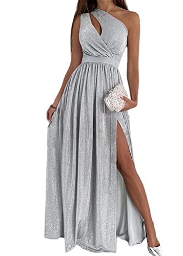 Tomwell Damen Wickelkleid Langes Abendkleid Hochzeit Brautjungfernkleid Bodenlang Partykleid Cocktailkleid V-Ausschnitt Rückenfrei Maxikleid Sommer Strandkleid F Silber XL von Tomwell