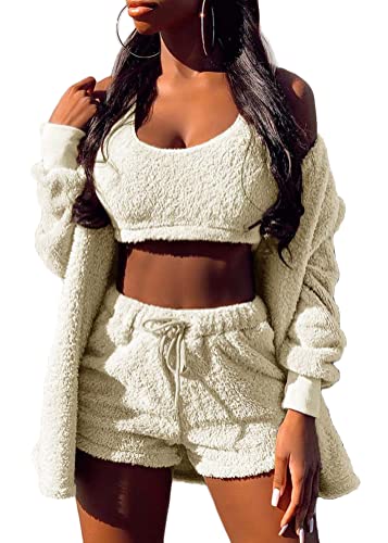 Tomwell Damen Winter 3 Stücke Sport Anzug Fleece Plüsch Strickjacke Pullover Crop Top Lässig Short Sportanzug Freizeitanzug A Beige 3XL von Tomwell