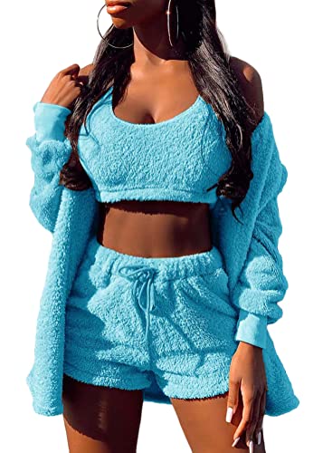 Tomwell Damen Winter 3 Stücke Sport Anzug Fleece Plüsch Strickjacke Pullover Crop Top Lässig Short Sportanzug Freizeitanzug A Blau XS von Tomwell