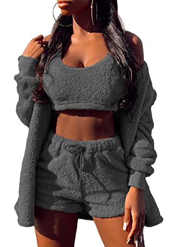 Tomwell Damen Winter 3 Stücke Sport Anzug Fleece Plüsch Strickjacke Pullover Crop Top Lässig Short Sportanzug Freizeitanzug A Dunkelgrau M von Tomwell