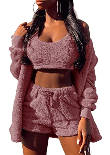 Tomwell Damen Winter 3 Stücke Sport Anzug Fleece Plüsch Strickjacke Pullover Crop Top Lässig Short Sportanzug Freizeitanzug A Dunkelpink XS von Tomwell