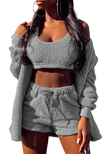 Tomwell Damen Winter 3 Stücke Sport Anzug Fleece Plüsch Strickjacke Pullover Crop Top Lässig Short Sportanzug Freizeitanzug A Grau S von Tomwell