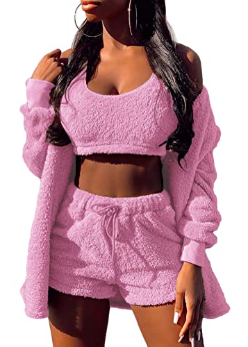 Tomwell Damen Winter 3 Stücke Sport Anzug Fleece Plüsch Strickjacke Pullover Crop Top Lässig Short Sportanzug Freizeitanzug A Rosa XS von Tomwell